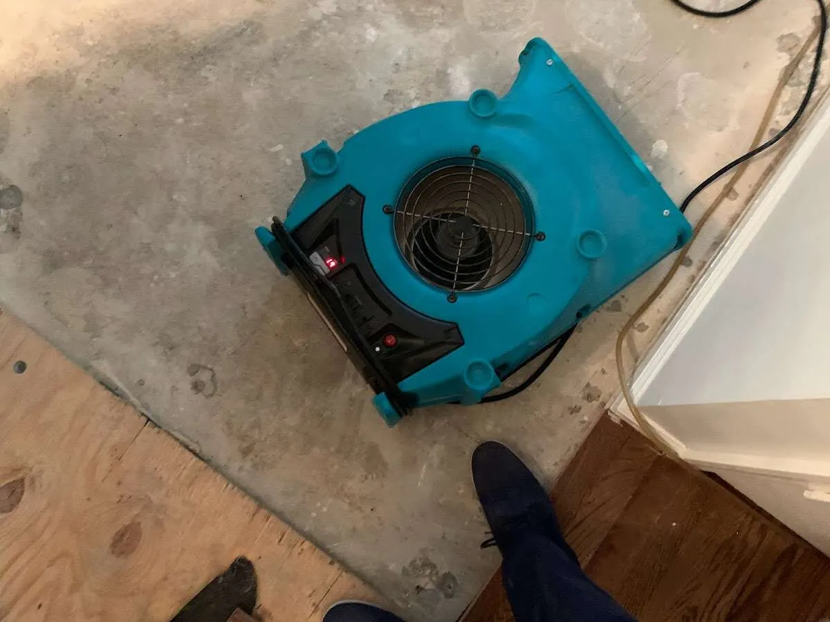 Air mover drying subfloor during Leak Detection & Repair in Chattanooga